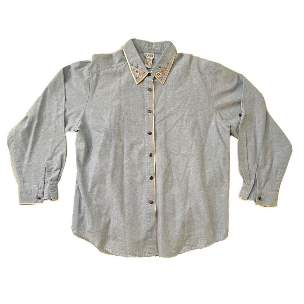 Vintage Embroidered Flower Collar Chambray Shirt Koret Size L Cottagecore Boho